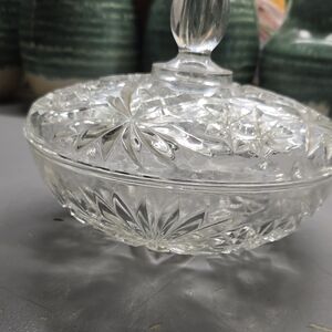 Vintage Anchor Hocking "Star Of David" Pattern Clear Glass Candy Diah With Lid